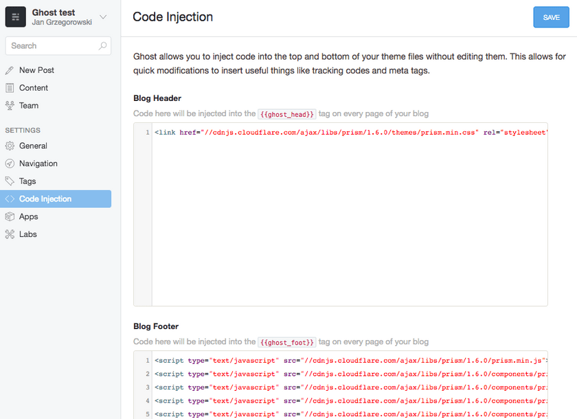 Ghost code highlighting with Prismjs from CDN