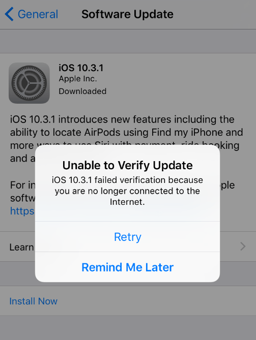 iOS 10.3.1 Unable to Verify Update error