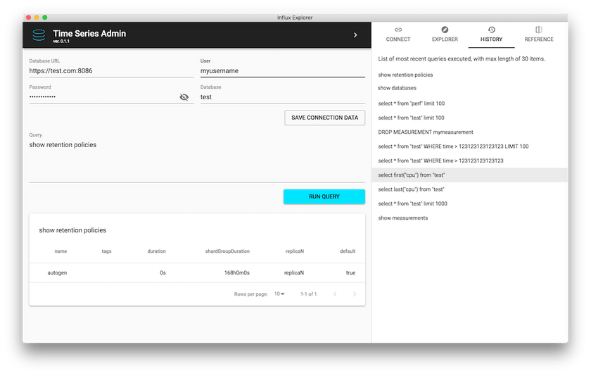 Time Series Admin - query history